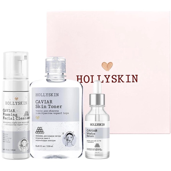 Набір косметики для обличчя Hollyskin Black Caviar Vitalize Basic Care: Сироватка 30 мл + Тонік 250 мл + Очищаюча пінка 150 мл - фото 2