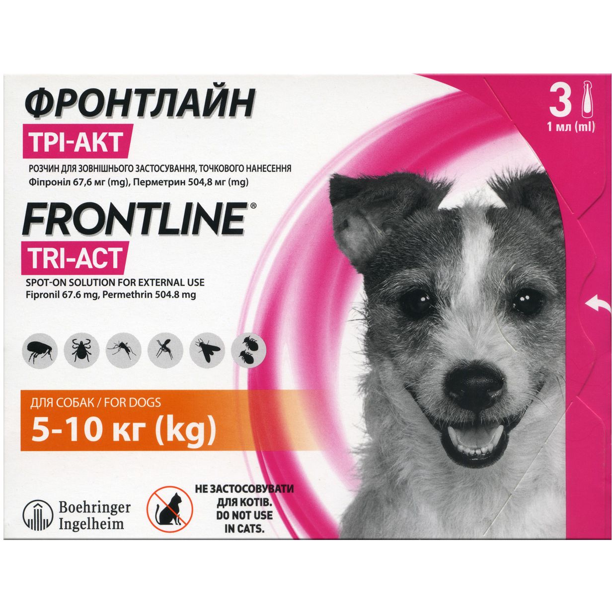 Капли Boehringer Ingelheim Frontline Tri-Act от блох и клещей для собак 5-10 кг 3 мл (3 шт. х 1 мл) (159912) - фото 1