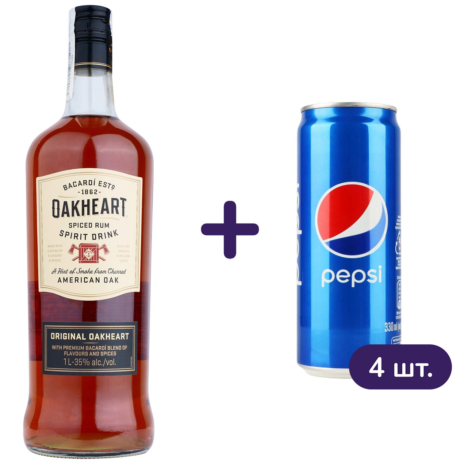 Ромовый напиток Bacardi Oakheart Original 35% 1 л+ Напиток Pepsi сильногазированный 0.33 л 4 шт. - фото 1