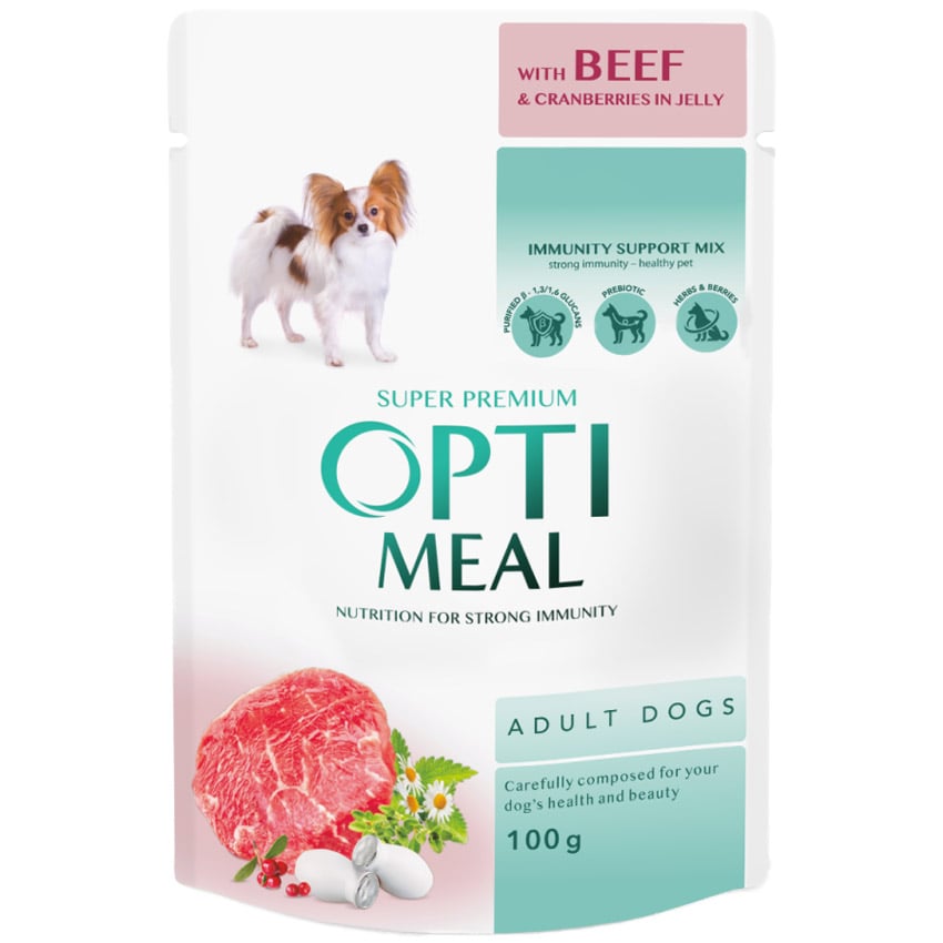 Вологий корм Optimeal для дорослих собак всіх порід, з яловичиною та журавлиною в желе, 100 г - фото 1