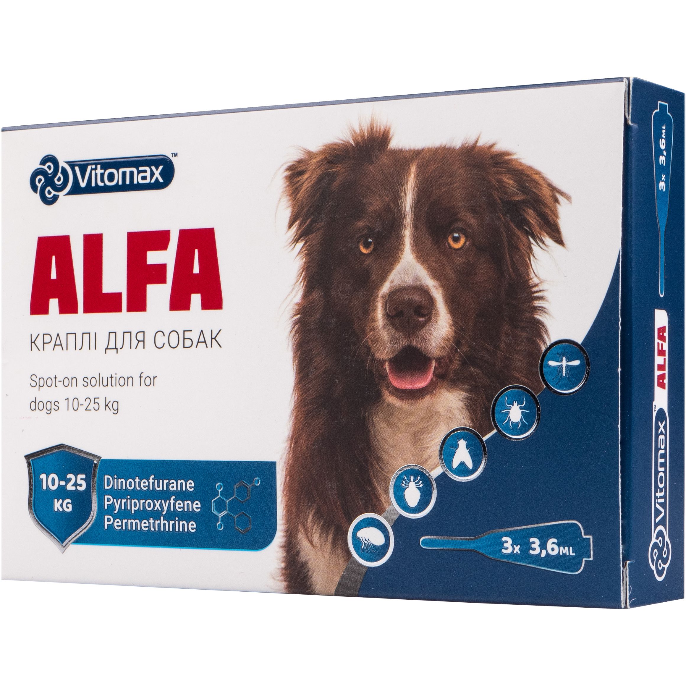 Краплі на холку Vitomax Alfa протипаразитарні для собак 10-25 кг, 3.6 мл, 3 піпетки - фото 2