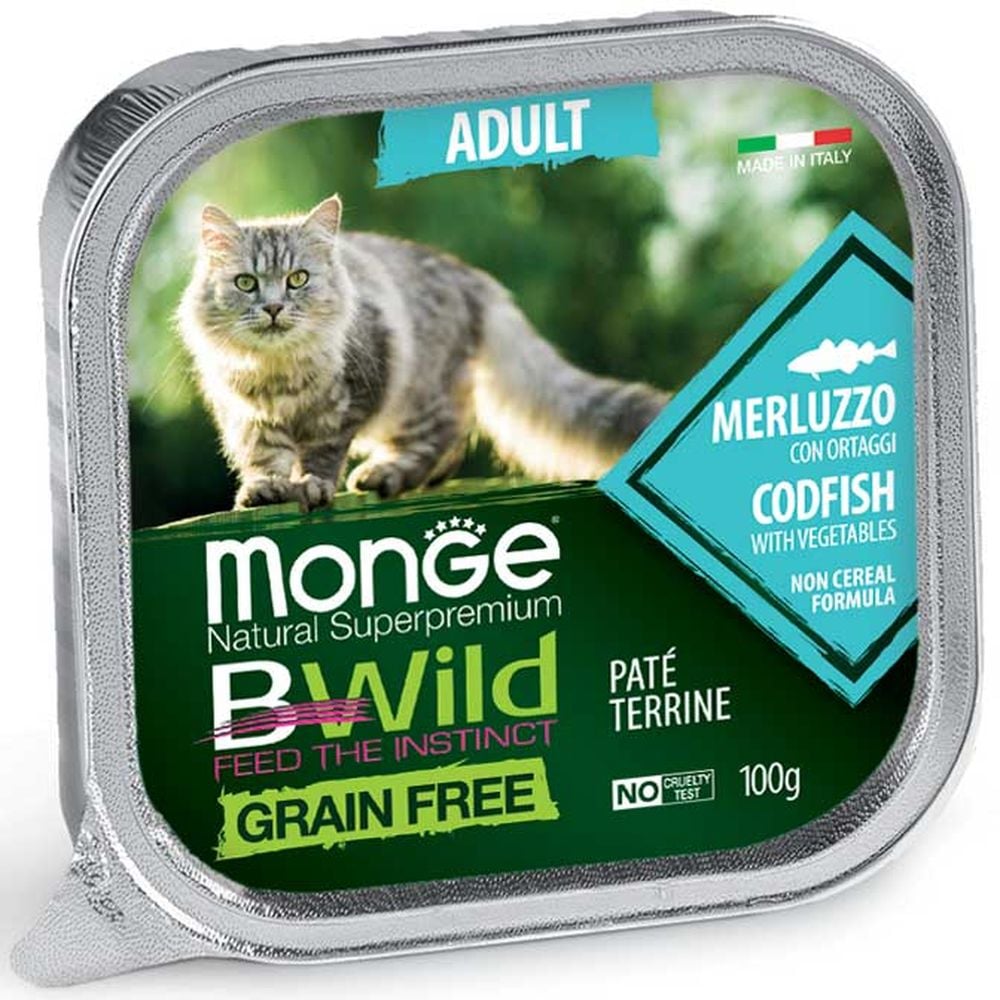 Вологий корм для котів Monge Cat Вwild Gr. Free Wet Adult, тріска з овочами, 100 г - фото 1