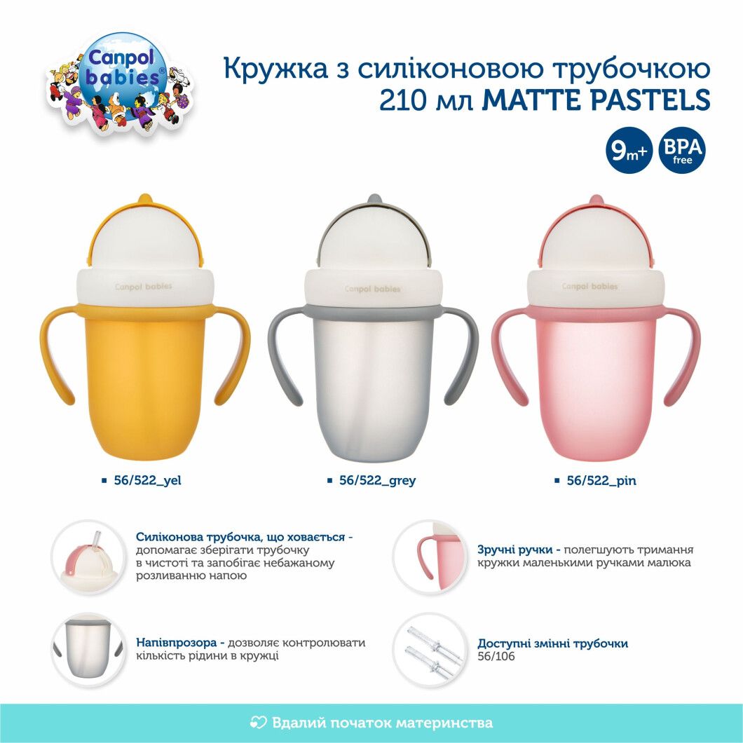 Кружка с силиконовой трубочкой Canpol babies Matte Pastels, 210 мл, желтый (56/522_yel) - фото 7