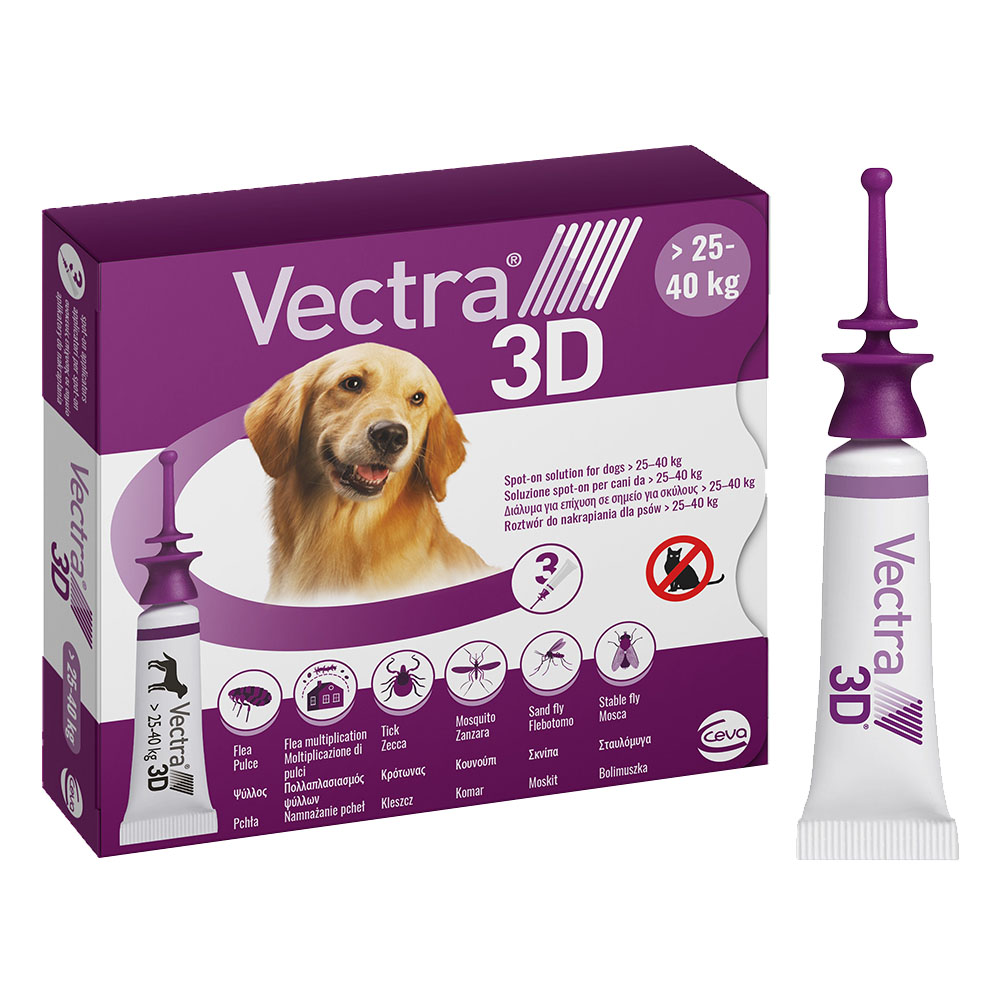 Капли на холку для собак от 25,1 до 40 кг CEVA Vectra 3D, от внешних паразитов, 1 упаковка (3 пипетки по 4,7 мл) - фото 1