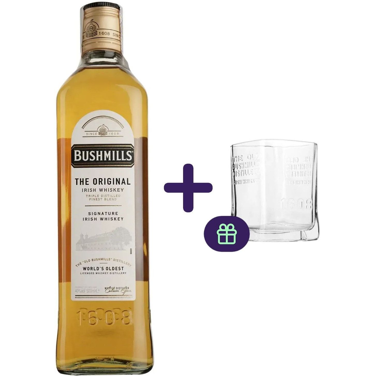 Набор: виски Bushmills Original Irish Whiskey 40% 0.5 л + стакан Old fashioned для виски 250 мл - фото 1