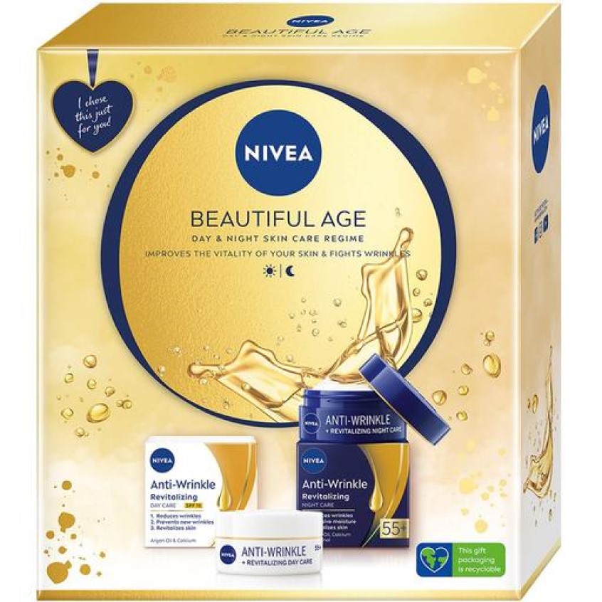 Набір жіночий Nivea Beautiful Age 2023: Денний крем для обличчя проти зморшок і ревіталізація 55+ 50 мл + Нічний крем для обличчя проти зморшок і ревіталізація 55+ 50 мл - фото 1