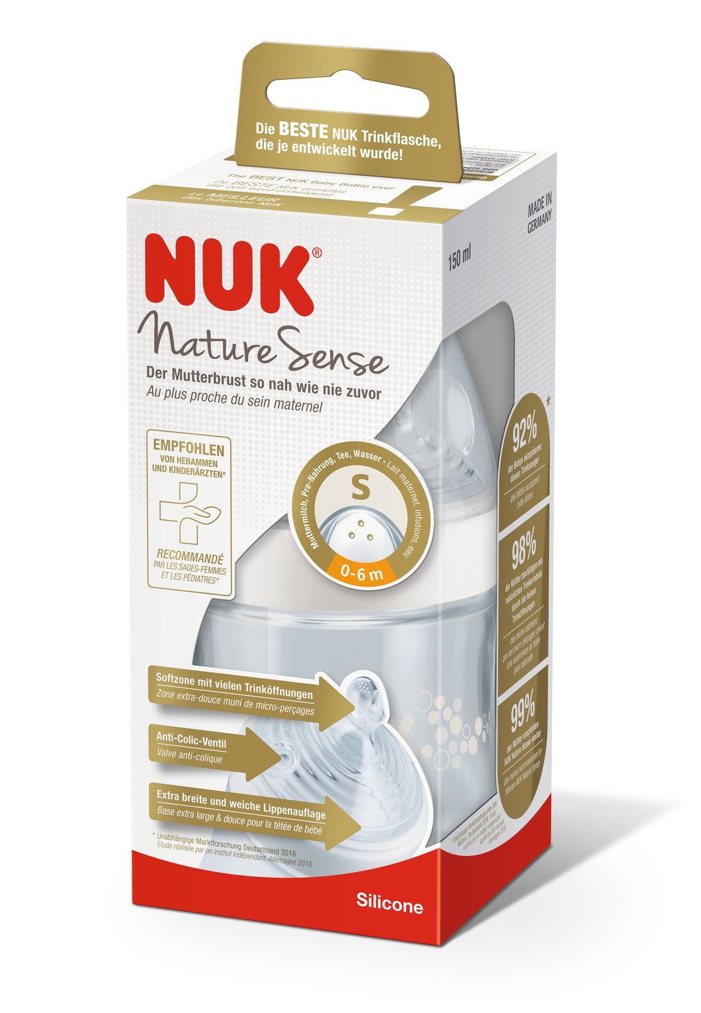 Пляшечка Nuk Nature Sense, з широким горлечком, з силіконовою соскою, 0-6 міс., 150 мл, білий (3952537) - фото 3