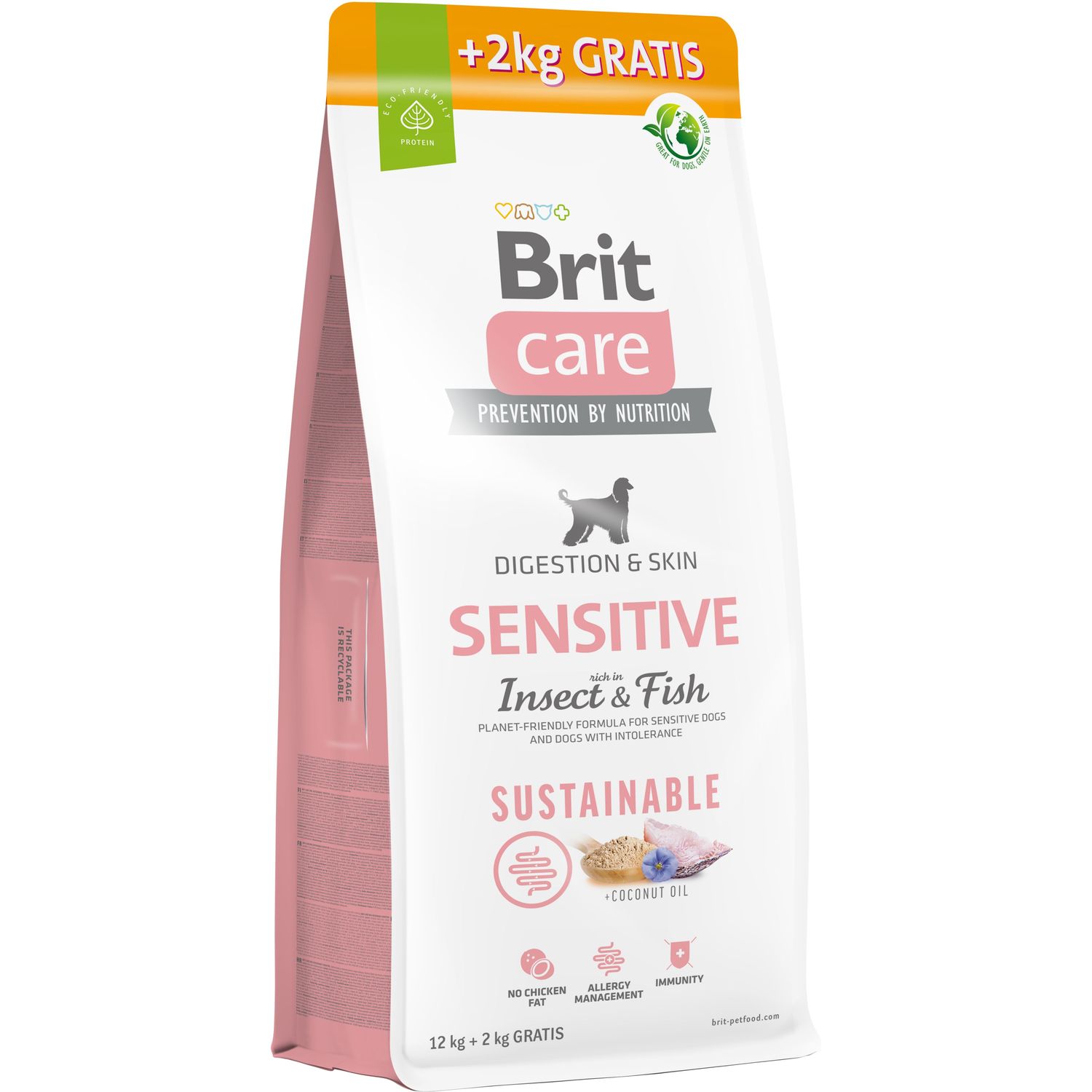 Сухой корм для собак с чувствительным пищеварением Brit Care Dog Sustainable Sensitive с рыбой и насекомыми 14 кг (12 + 2 кг) - фото 1