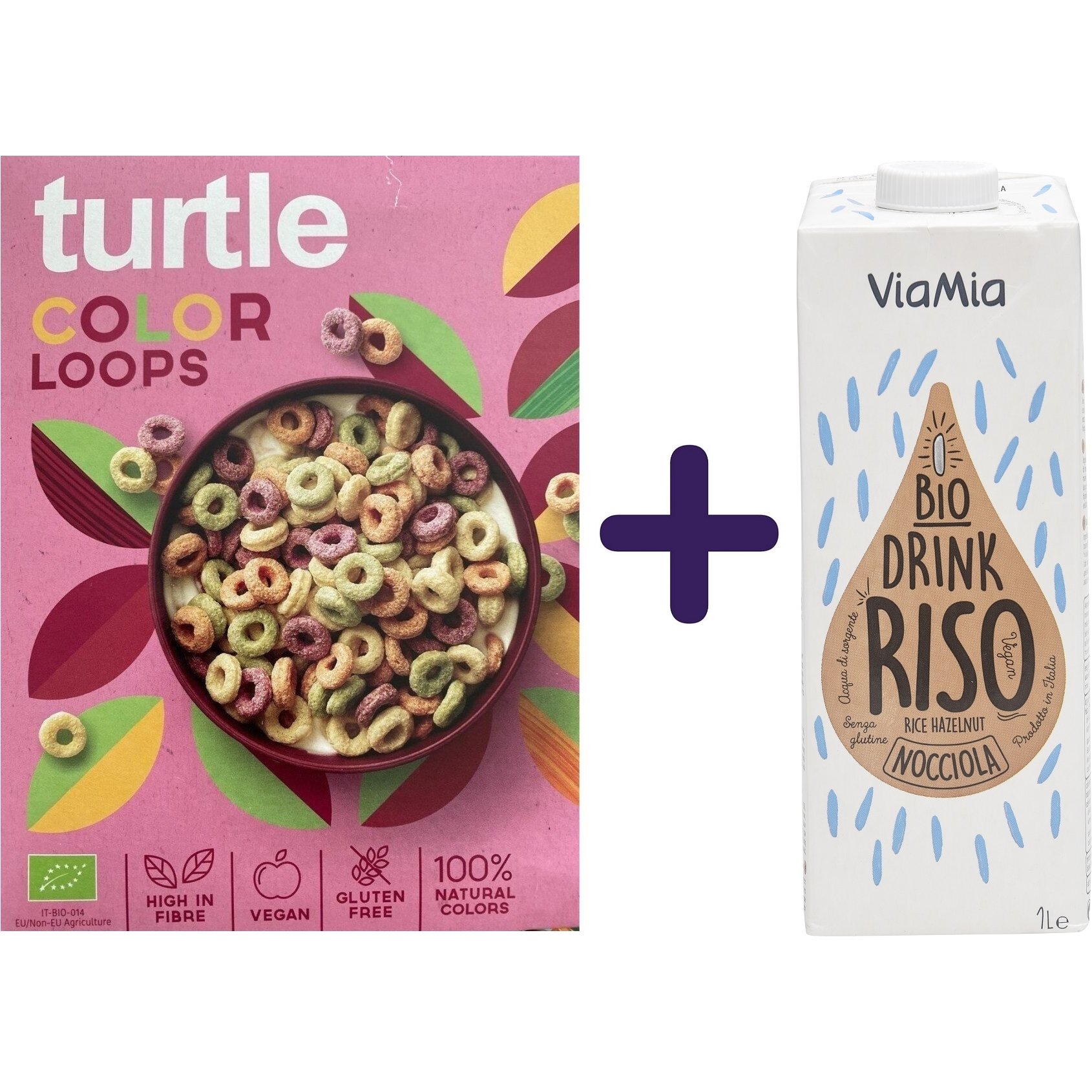 Сухий сніданок Turtle Кольорові кільця органічний без глютену 300 г + рисовий напій Via Mia з фундуком органічний 1 л - фото 1