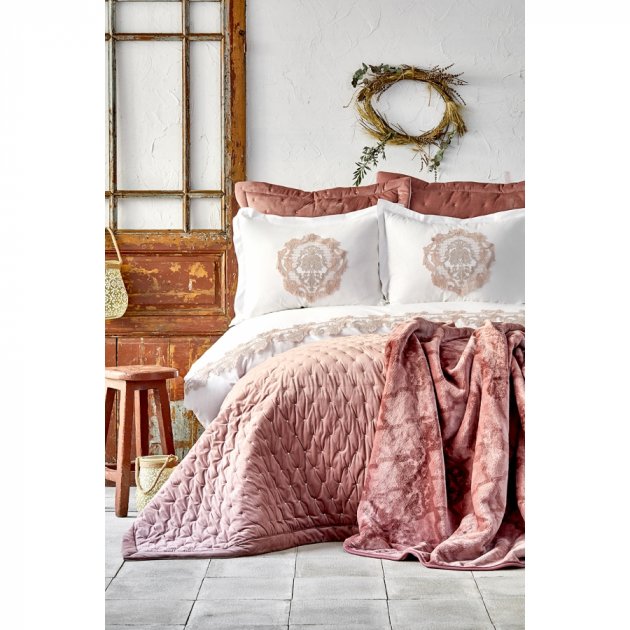 Набір постільна білизна з покривалом та пледом Karaca Home Chester pudra 2020-1, євро, рожевий, 10 предметів (svt-2000022238540) - фото 1
