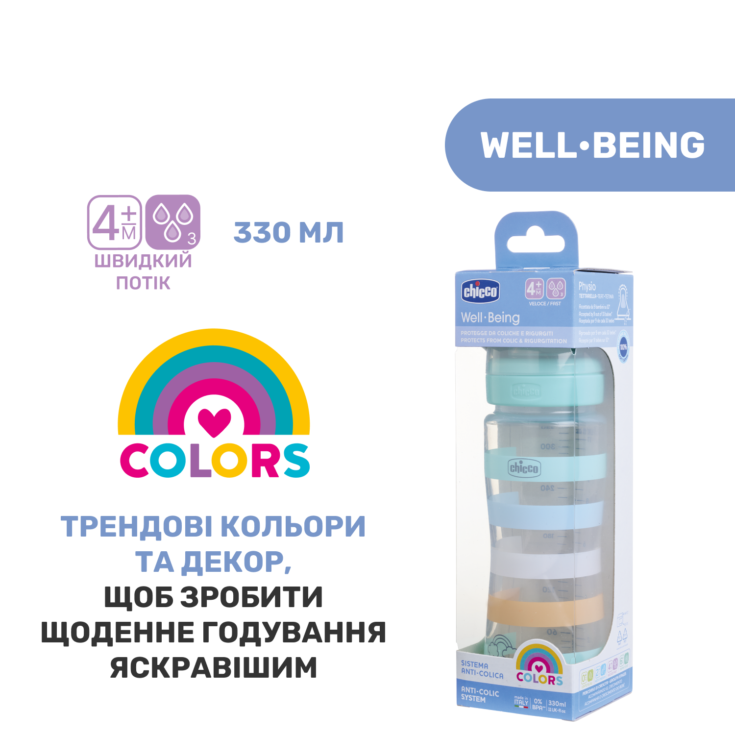 Пляшечка для годування Chicco Well-Being Colors, з силіконовою соскою 4м+, 330 мл, м'ятна (28637.21) - фото 7