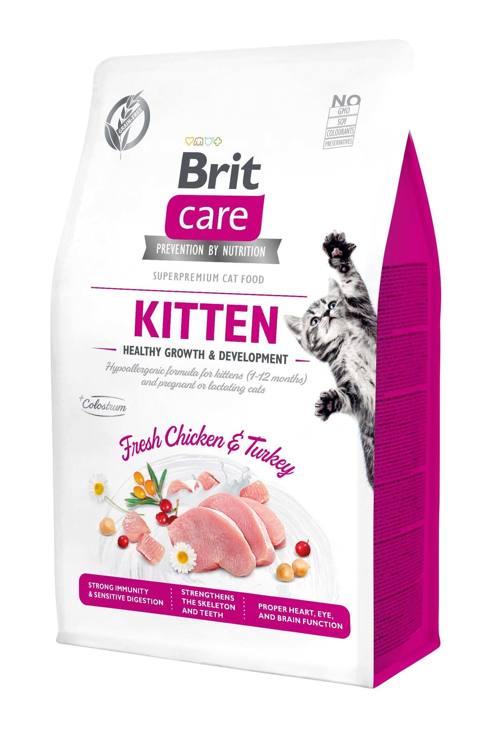 Беззерновий сухий корм для кошенят, а також вагітних або годуючих кішок Brit Care Cat GF Kitten Growth&Development, зі свіжою куркою та індичкою, 0,4 кг - фото 1