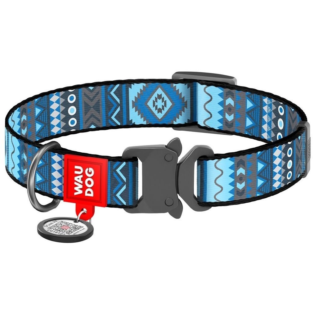 Нашийник для собак Waudog Nylon Етно синій, з QR паспортом, металева пряжка-фастекс, XL, 35-58х2,5 см - фото 1