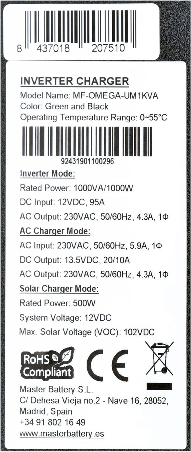 Инвертор гибридный Masterpower MF-OMEGA-UM1000W 12 V 1000 Вт (MF-OME-UM1KVA) - фото 3