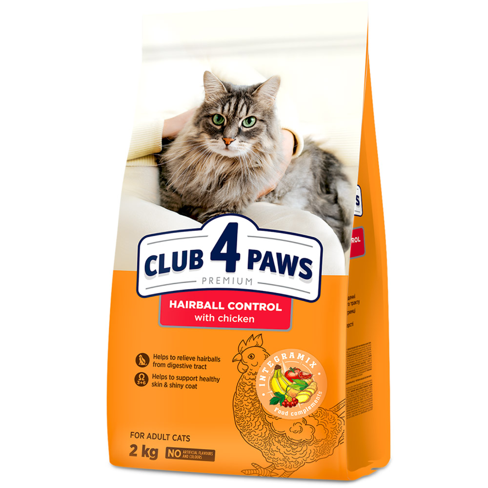 Сухой корм Club 4 Paws Premium для взрослых кошек с эффектом выведения шерсти из пищеварительного тракта, с курицей, 2 кг - фото 1