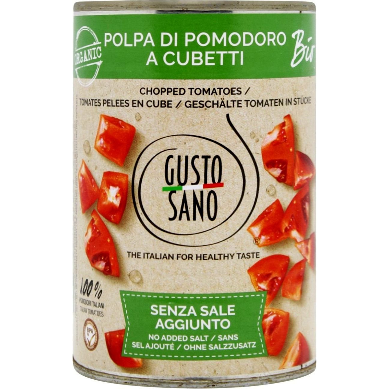 Томати Gusto Sano Organic Chopped Tomatoes очищені різані кубиками органічні 400 г - фото 1