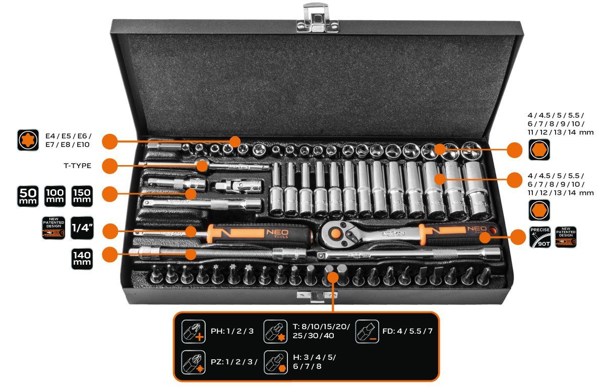 Набор инструментов Neo Tools 1/4", CrV, металлический кейс 63 шт. (10-008) - фото 7