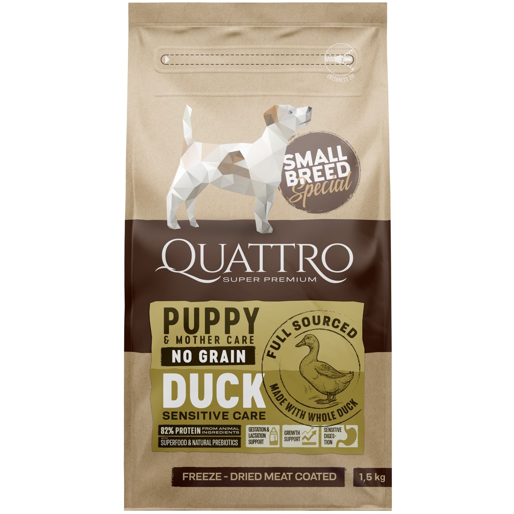 Сухий корм Quattro Puppy Duck Small Breed для цуценят, вагітних та лактуючих самок дрібних порід з качкою 1.5 кг - фото 1