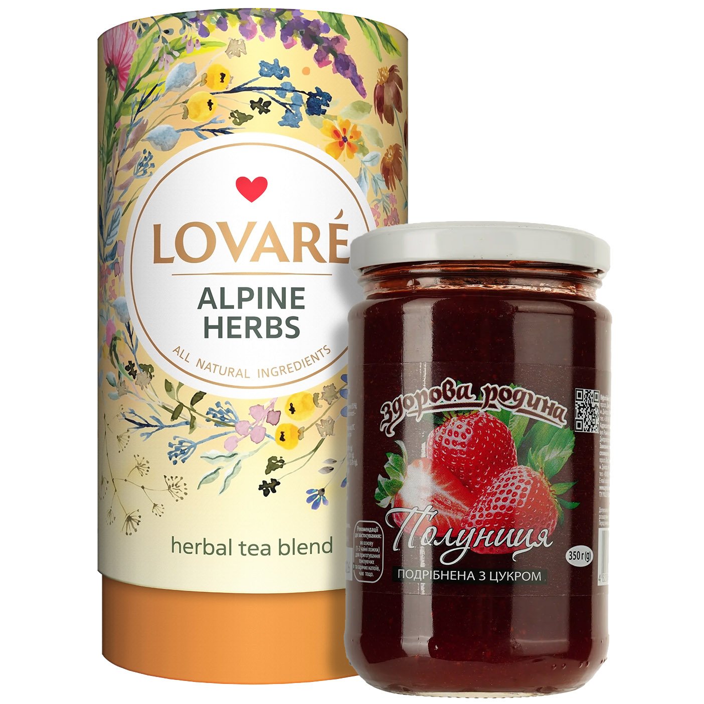 Набор: Смесь травяного чая Lovare Alpine Herbs 80 г + Варенье Здорова родина Клубника измельченная с сахаром 350 г - фото 1