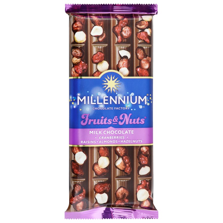 Шоколад молочный Millennium Fruits&Nuts с миндалем, целыми лесными орехами, клюквой и изюмом, 90 г (856195) - фото 1