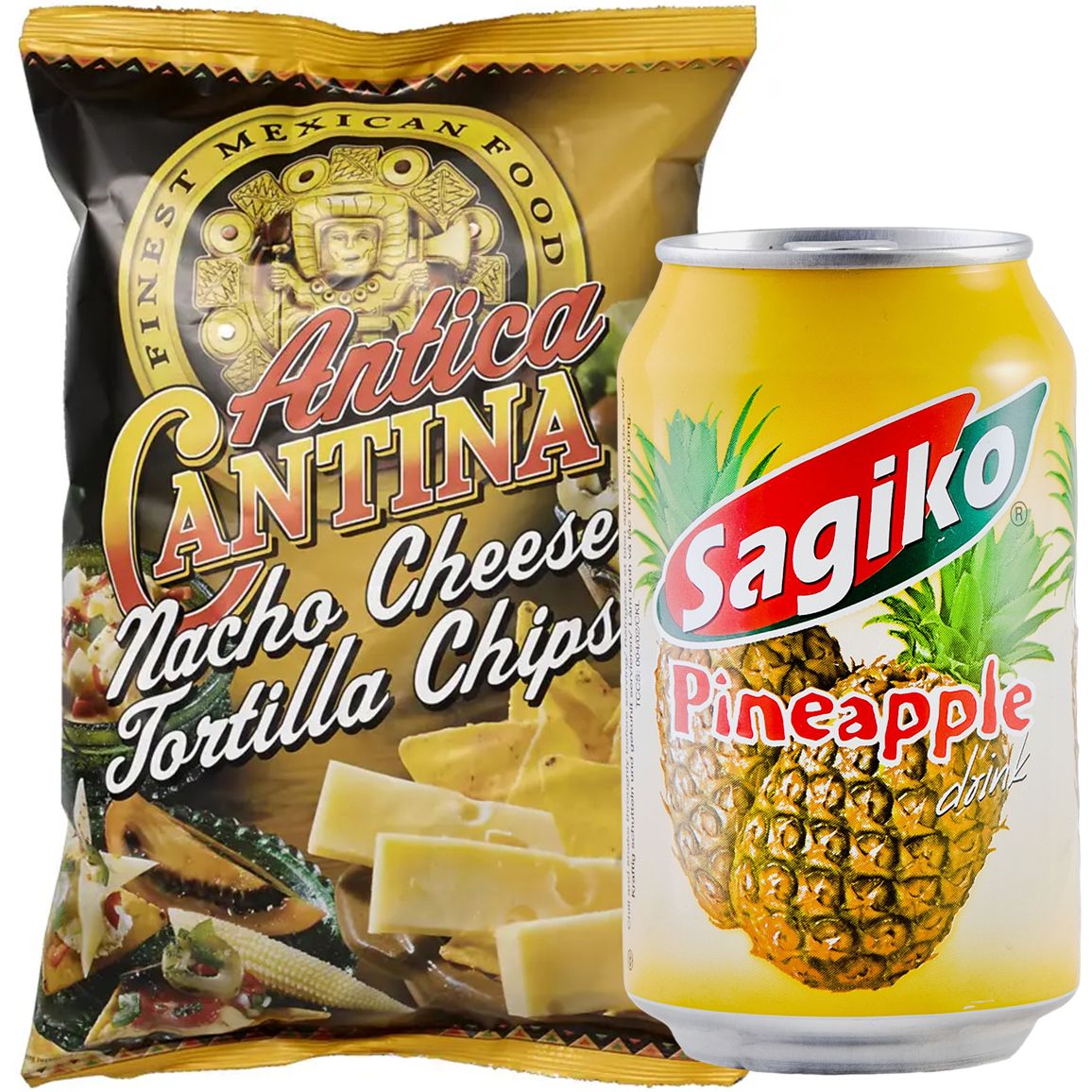 Набор: кукурузные чипсы Antica Cantina Начос Сырные 200 г + напиток Sagiko Pineapple drink Ананас 320 мл - фото 1