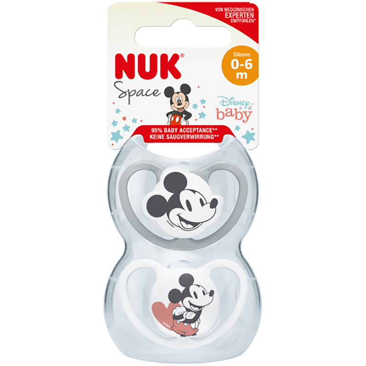Пустышка силиконовая Nuk Space Mickey, ортодонтическая, 0-6 мес., белая с серым, 2 шт. (3952414) - фото 2