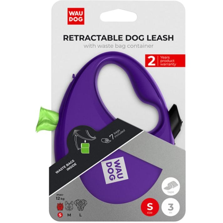 Поводок-рулетка для собак Waudog R-leash с контейнером для пакетов, светоотражающая лента, S до 12 кг, 3 м фиолетовый - фото 6