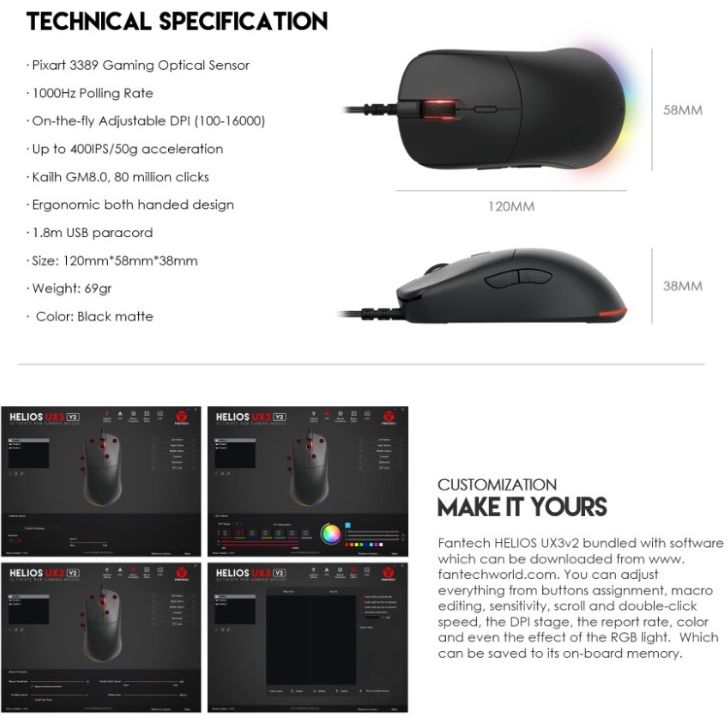 Ігрова миша Fantech UX-3 V2 Helios PixArt 3389 400IPS 50G 1600DPI Black - фото 6