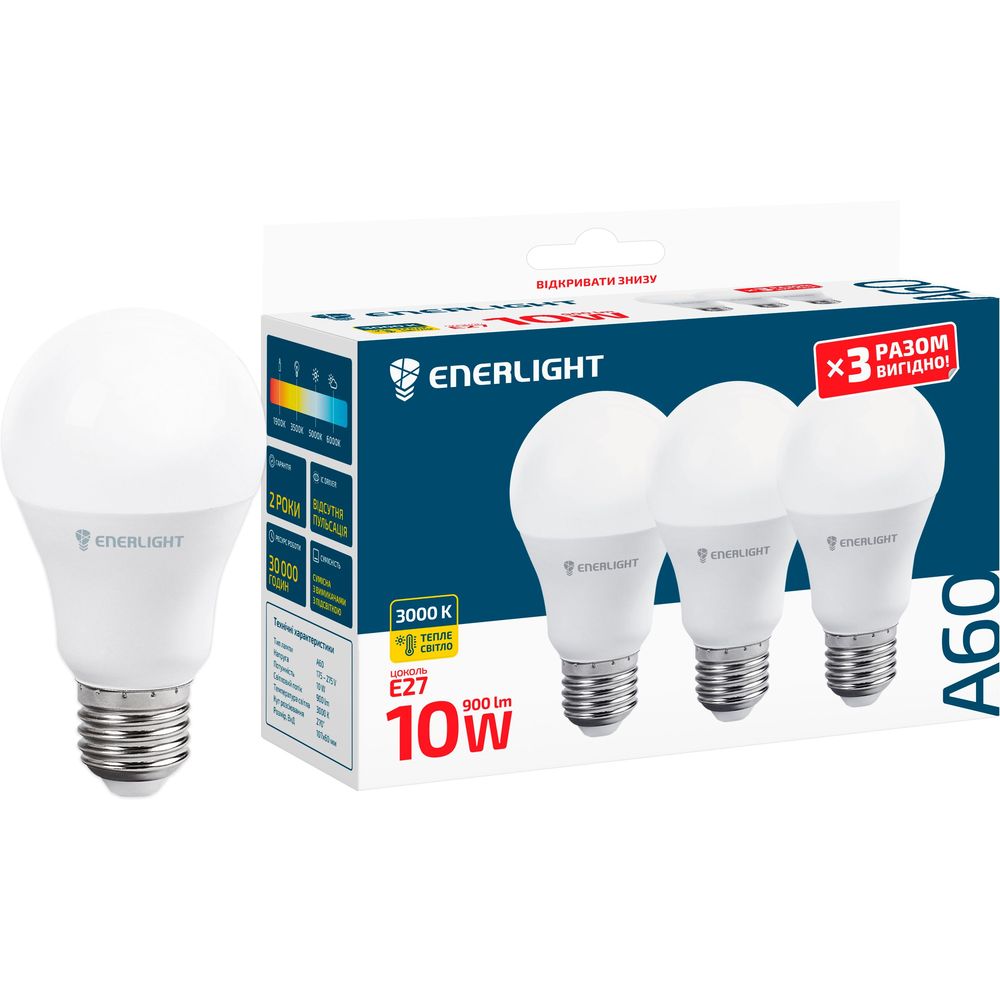 Світлодіодна лампа Enerlight A60, 10W, 3000K, E27, 3 шт. (A60E2710SMDWFRX3) - фото 1