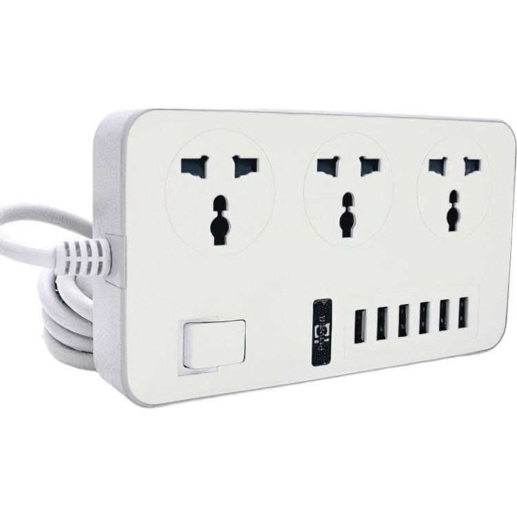 Сетевой фильтр ТВ-Т09 3 розетки + 6 USB 2 м сечение 3х0.75 мм 3000W White-grey - фото 1