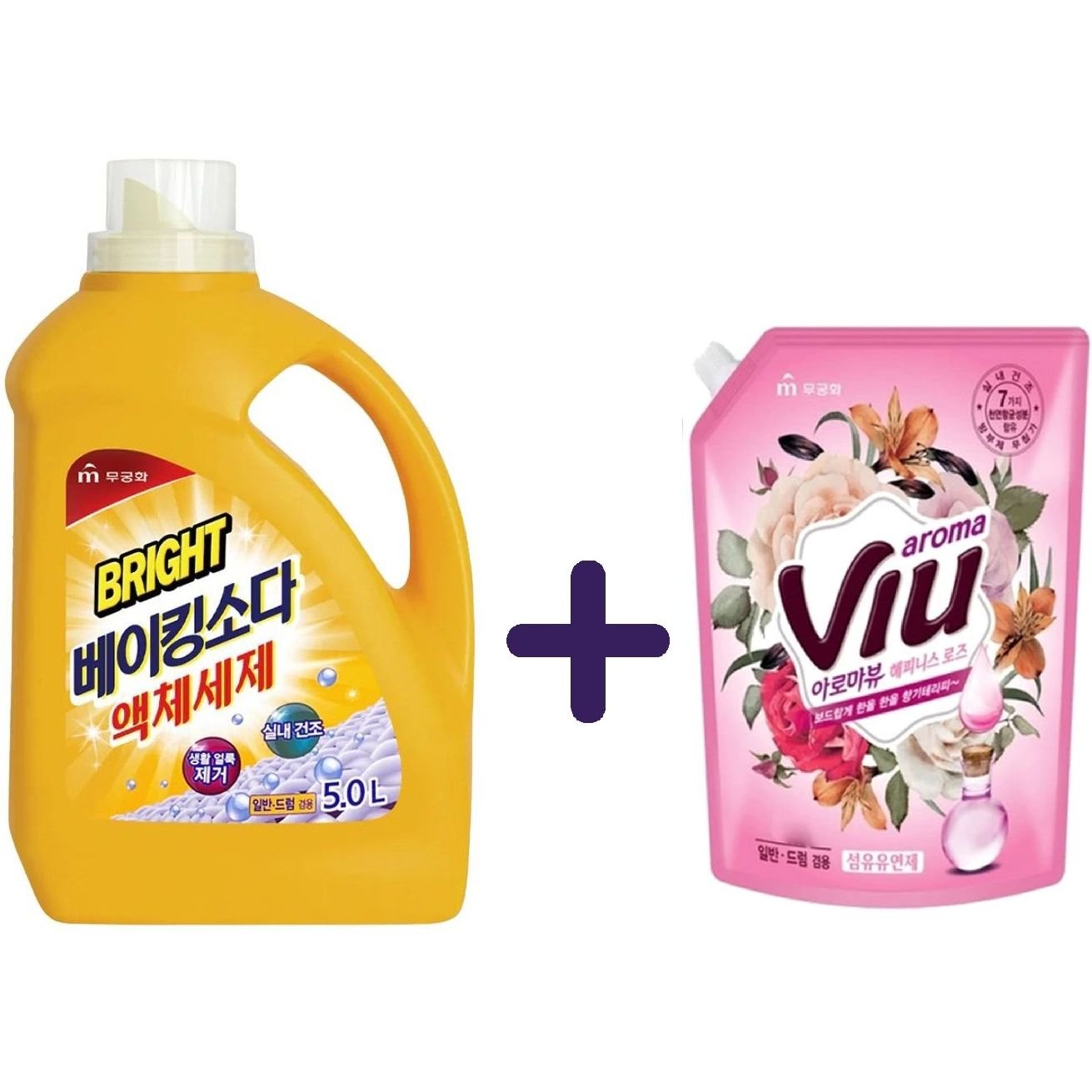 Набір: Засіб для прання Mukunghwa Bright Baking Soda Liquid Detergent 5 л + Ополіскувач для білизни Mukunghwa Viu Fabric Softener Aroma Viu Троянда 2.1 л - фото 1