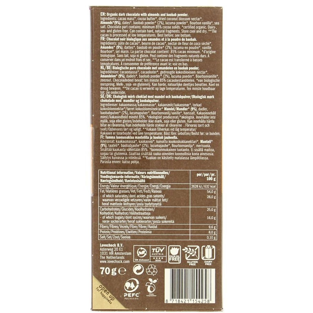 Шоколад сырой Lovechock Миндаль и баобаб органический 85% 70 г - фото 2