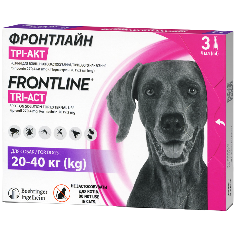 Краплі Boehringer Ingelheim Frontline Tri-Act від бліх та кліщів для собак, 20-40 кг, 3 піпетки + Плед для пікніка Frontline, темно-синій - фото 2