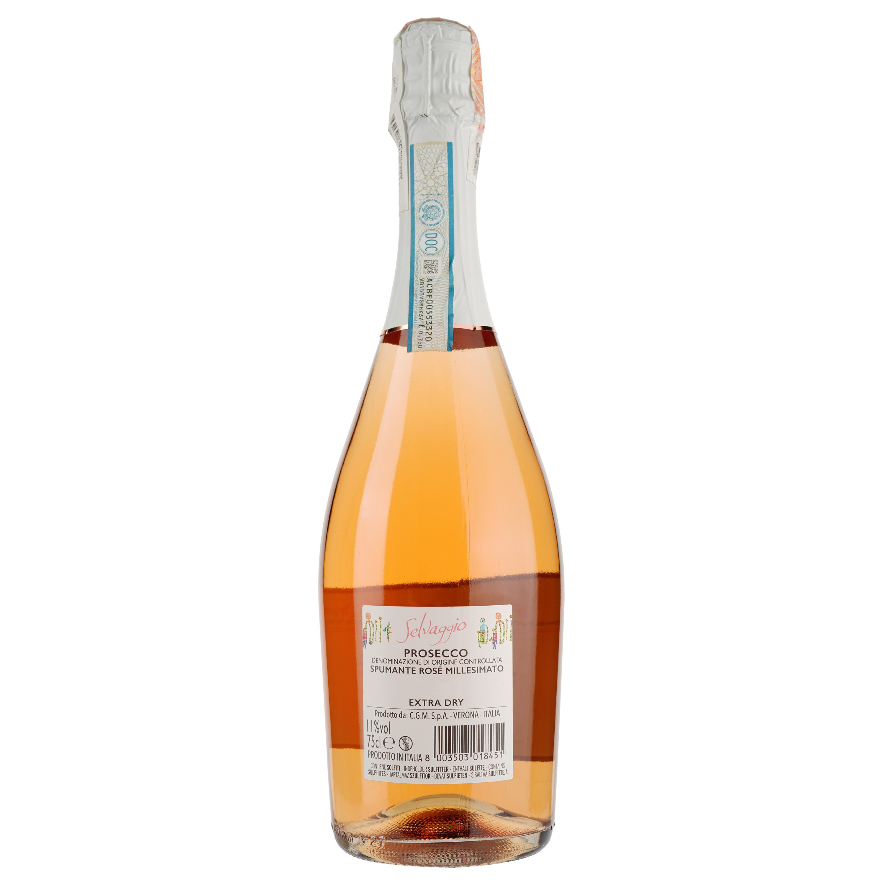Вино игристое Selvaggio Prosecco Rose Dор, белое, сухое, 11%, 0,75 л - фото 2