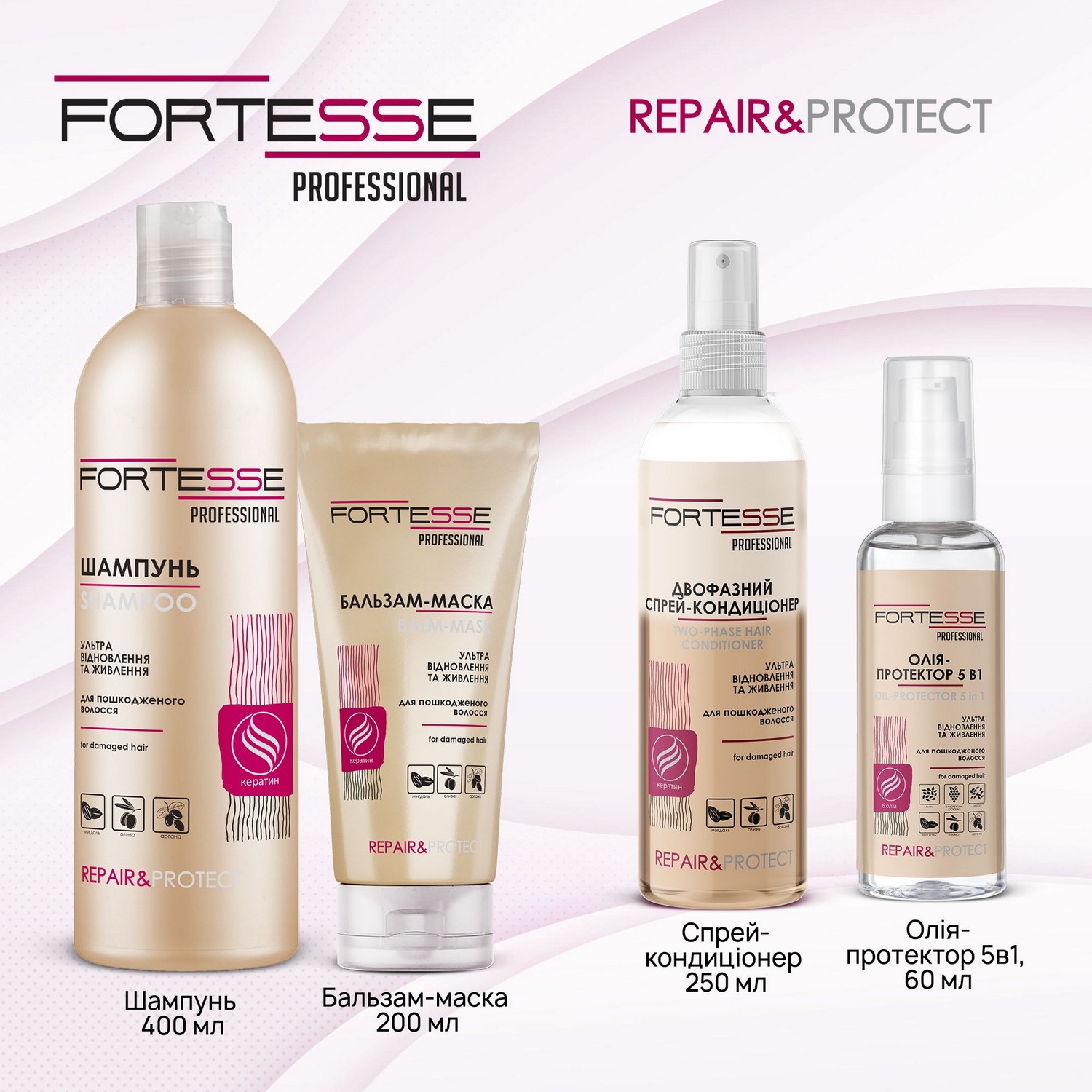 Відновлюючий шампунь Fortesse Professional Repair&Protect для сухого, пошкодженого волосся, що потребує живлення, 400 мл - фото 5
