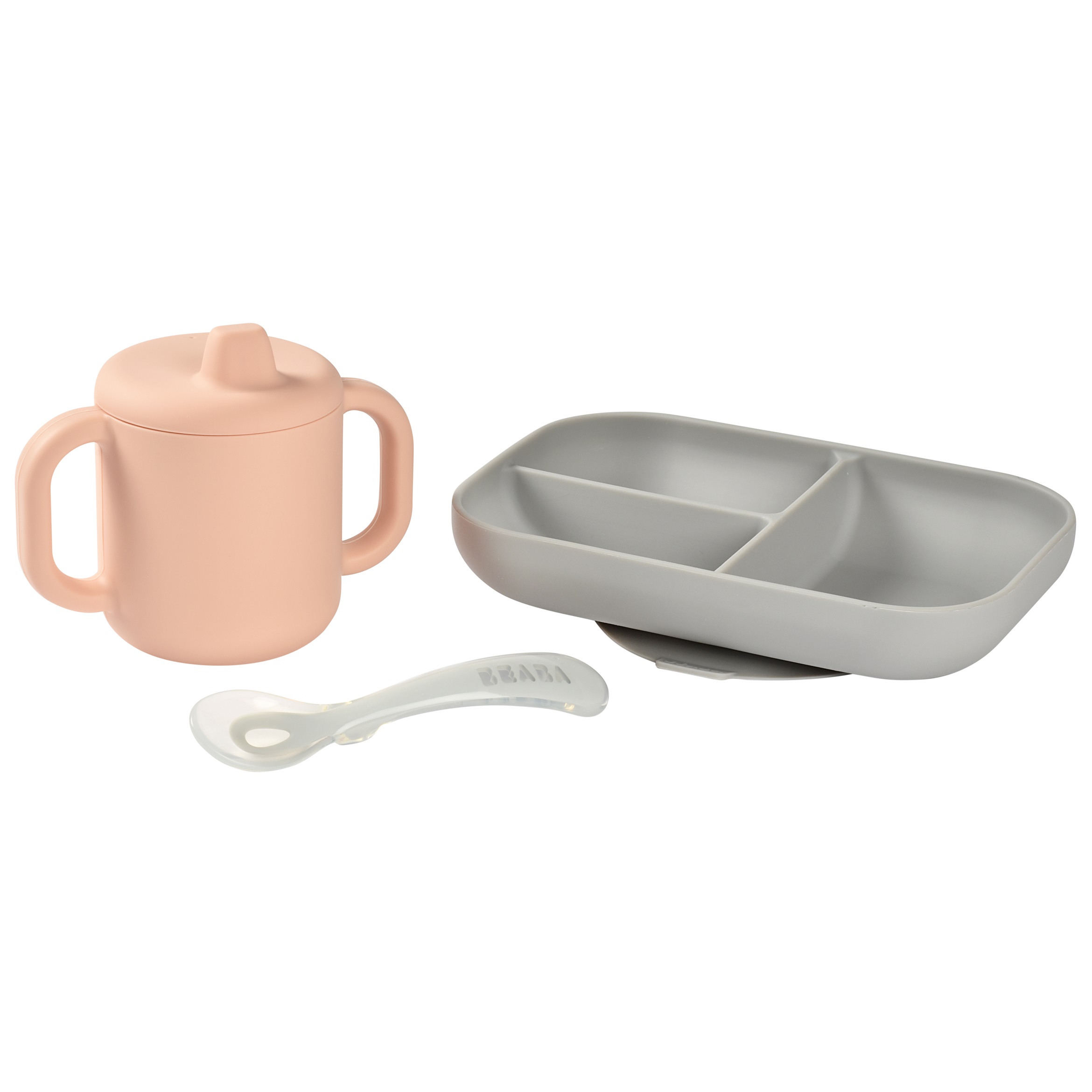 Набір посуду Beaba, силікон, 3 предмета, рожевий з сірим (913527) - фото 1