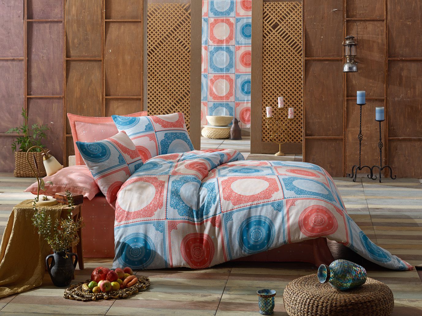 Комплект постельного белья Eponj Home Ornament Mint Somon, ранфорс, евростандарт, мятно-розовый, 4 предмета (Ep-010469) - фото 1