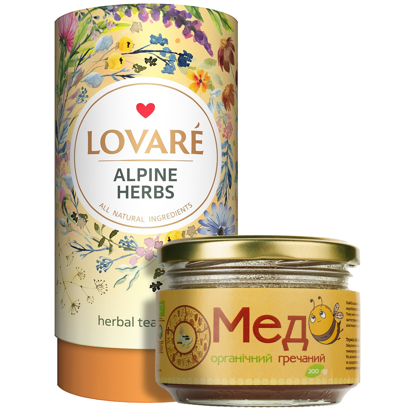 Набор: Смесь травяного чая Lovare Alpine Herbs 80 г + Мед Galeks-Agro Гречишный органический 200 г - фото 1