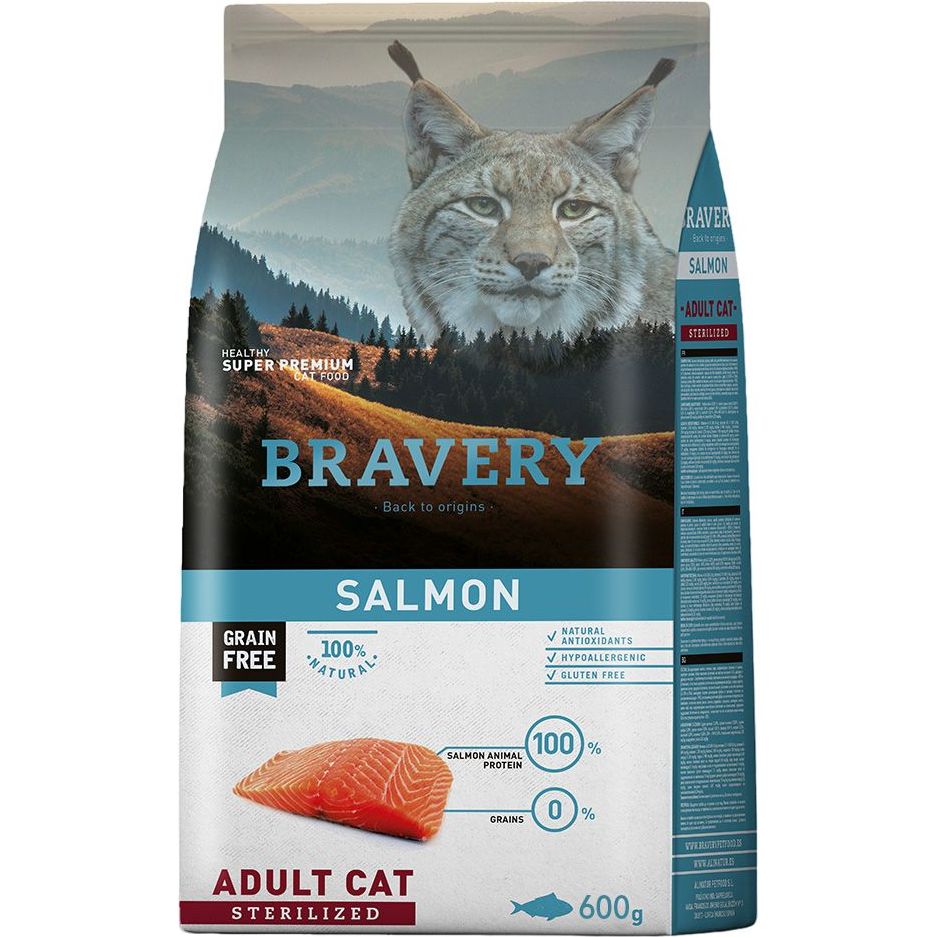 Сухой корм для стерилизованных кошек Bravery Salmon Adult Cat Sterilized с лососем 600 г - фото 1