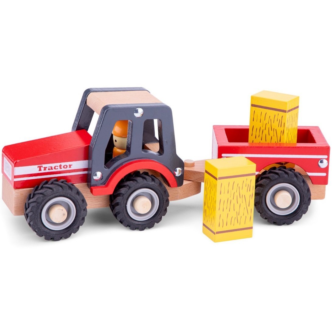 Игрушечный трактор New Classic Toys с прицепом и двумя стогами сена, красный (11943) - фото 1