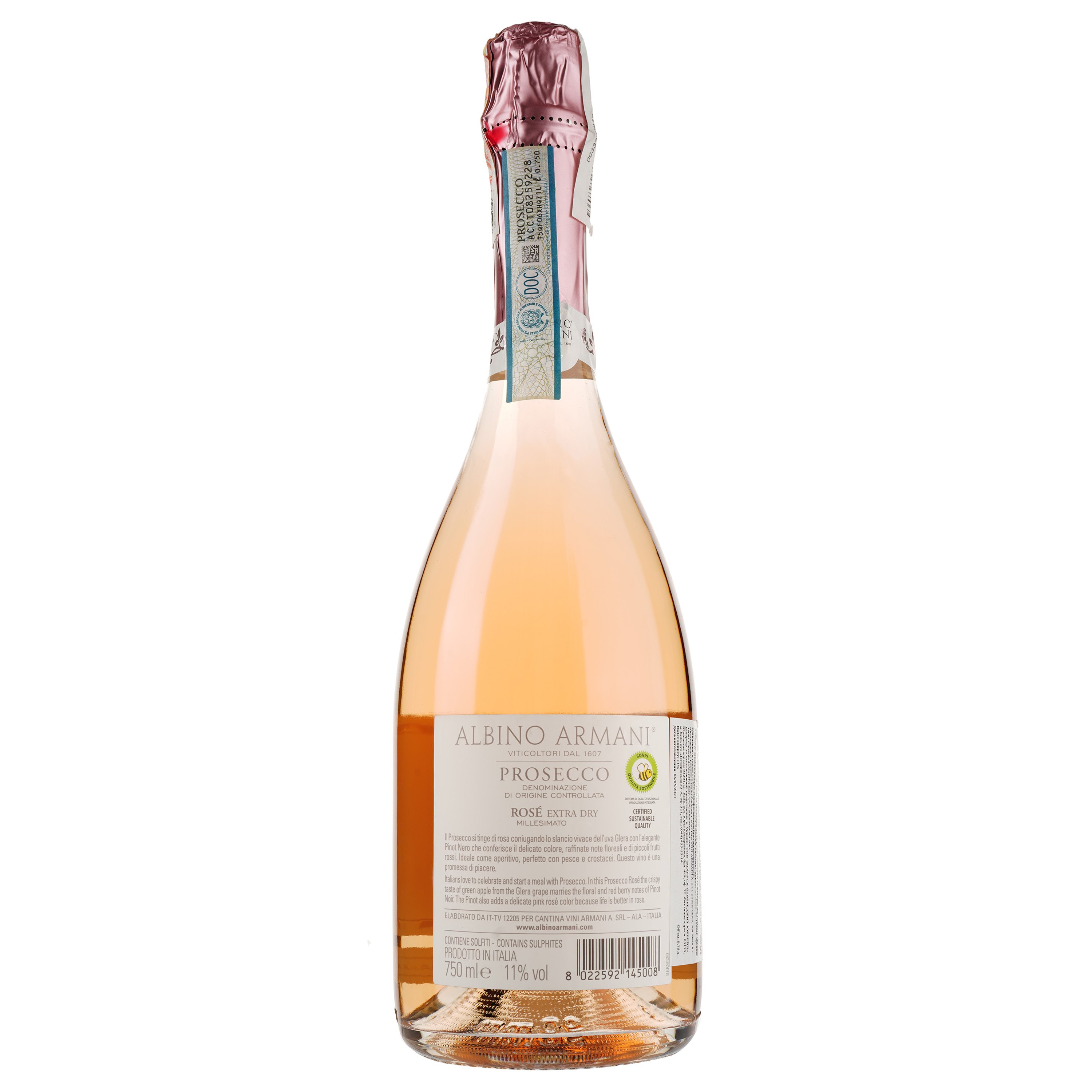 Игристое вино Albino Armani Prosecco Rose Millesimato DOC Extra Dry, розовое, 11%, 0,75 л - фото 2