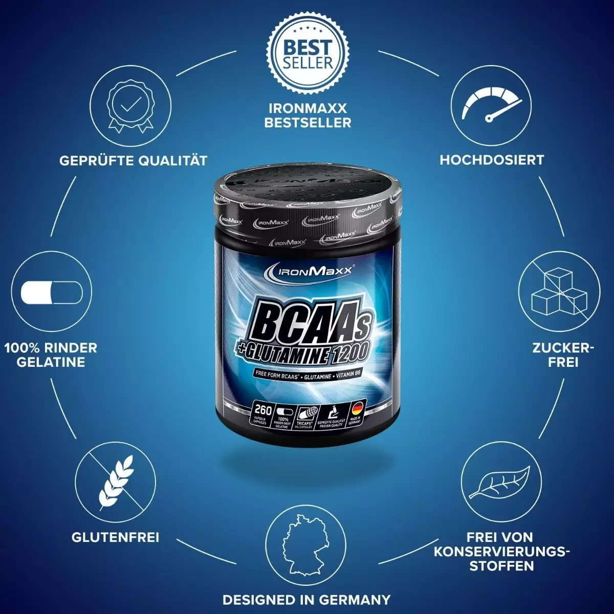 Амінокислота IronMaxx BCAA´s + Glutamine 1200, 260 капсул - фото 4