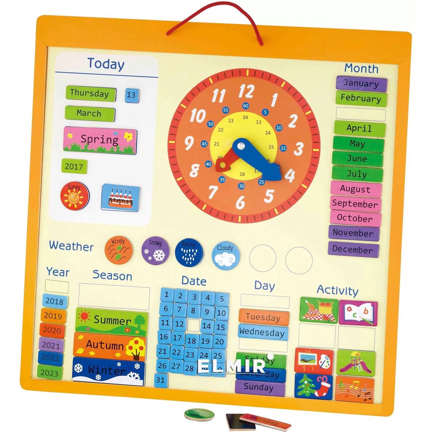 Магнитный календарь Viga Toys с часами, на английском языке (50377) - фото 1