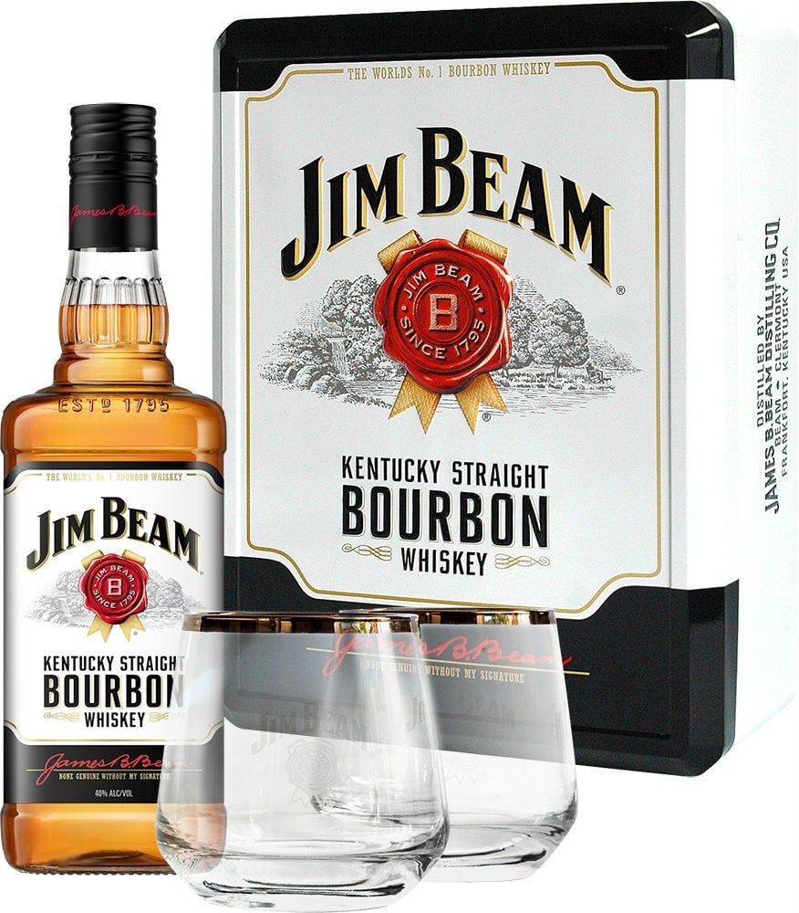 Виски Jim Beam White Kentucky Staright Bourbon Whiskey, в металлической коробке, 40%, 0,7 л + 2 стакана - фото 1