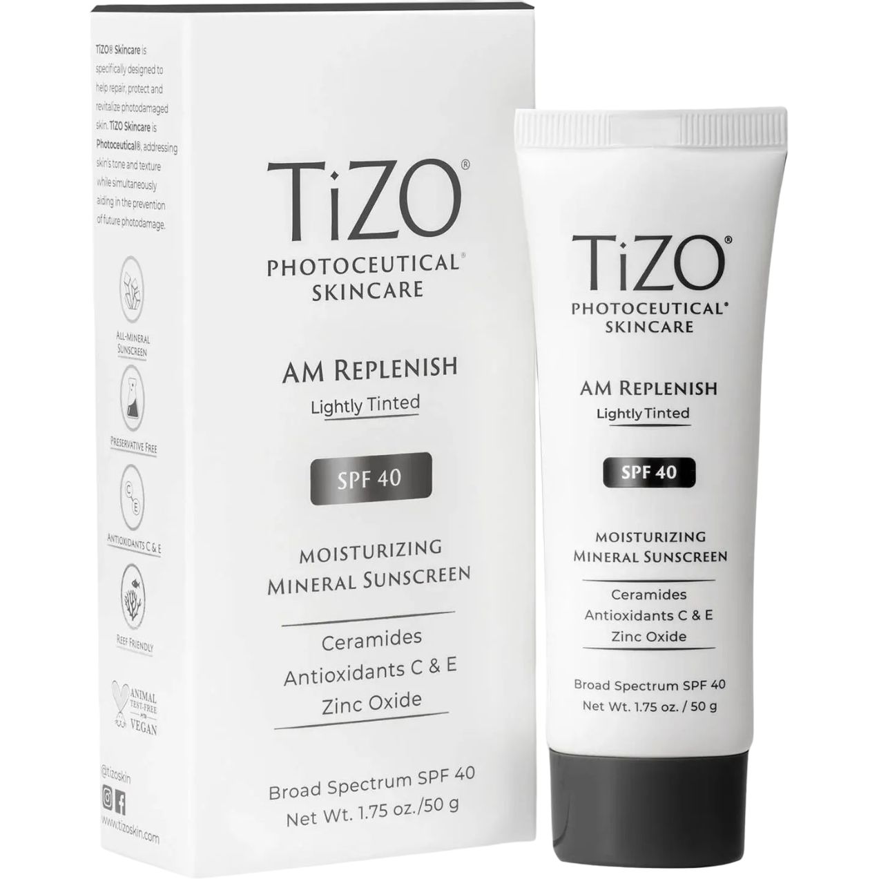 Денний крем з легким відтінком TiZO Photoceutical Skincare AM Replenish Lightly Tinted SPF 40, 50 г - фото 1