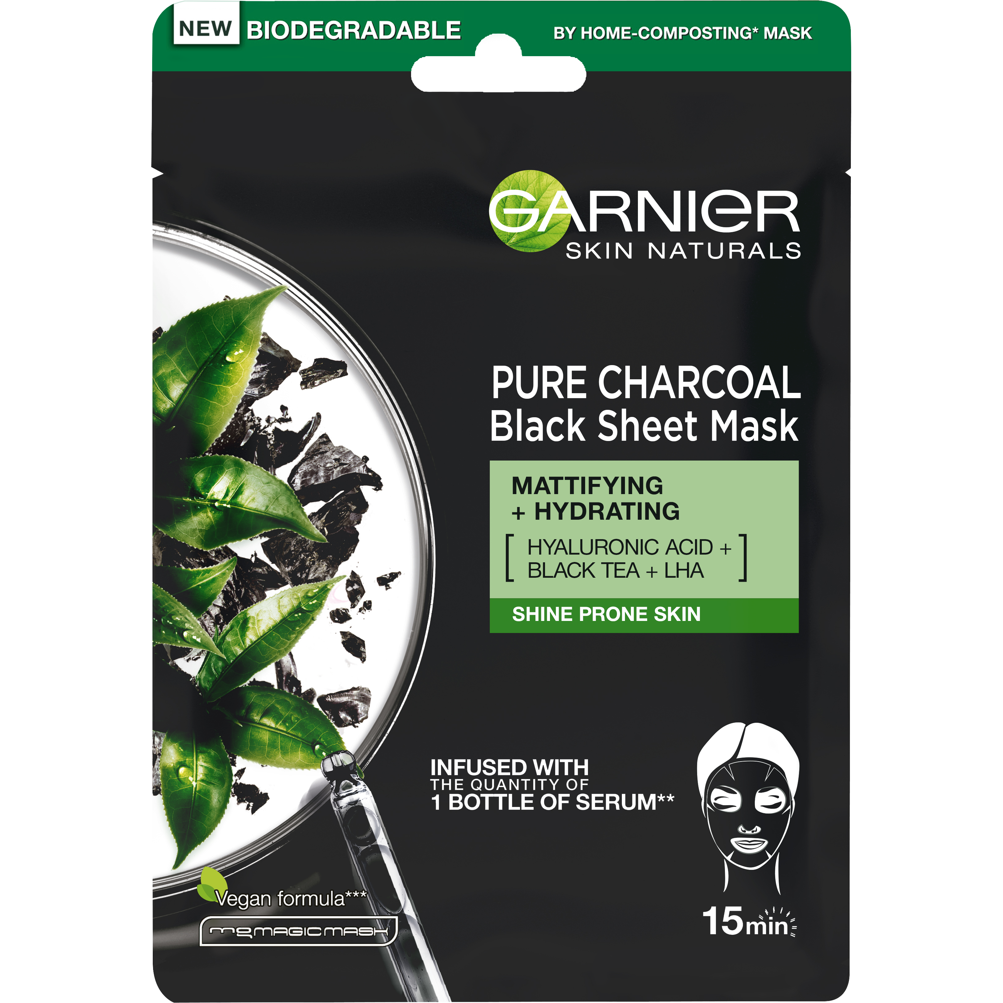 Черная тканевая маска Garnier Skin Naturals Очищающий Уголь и Листья Черного чая, 28 г (C5934500) - фото 1