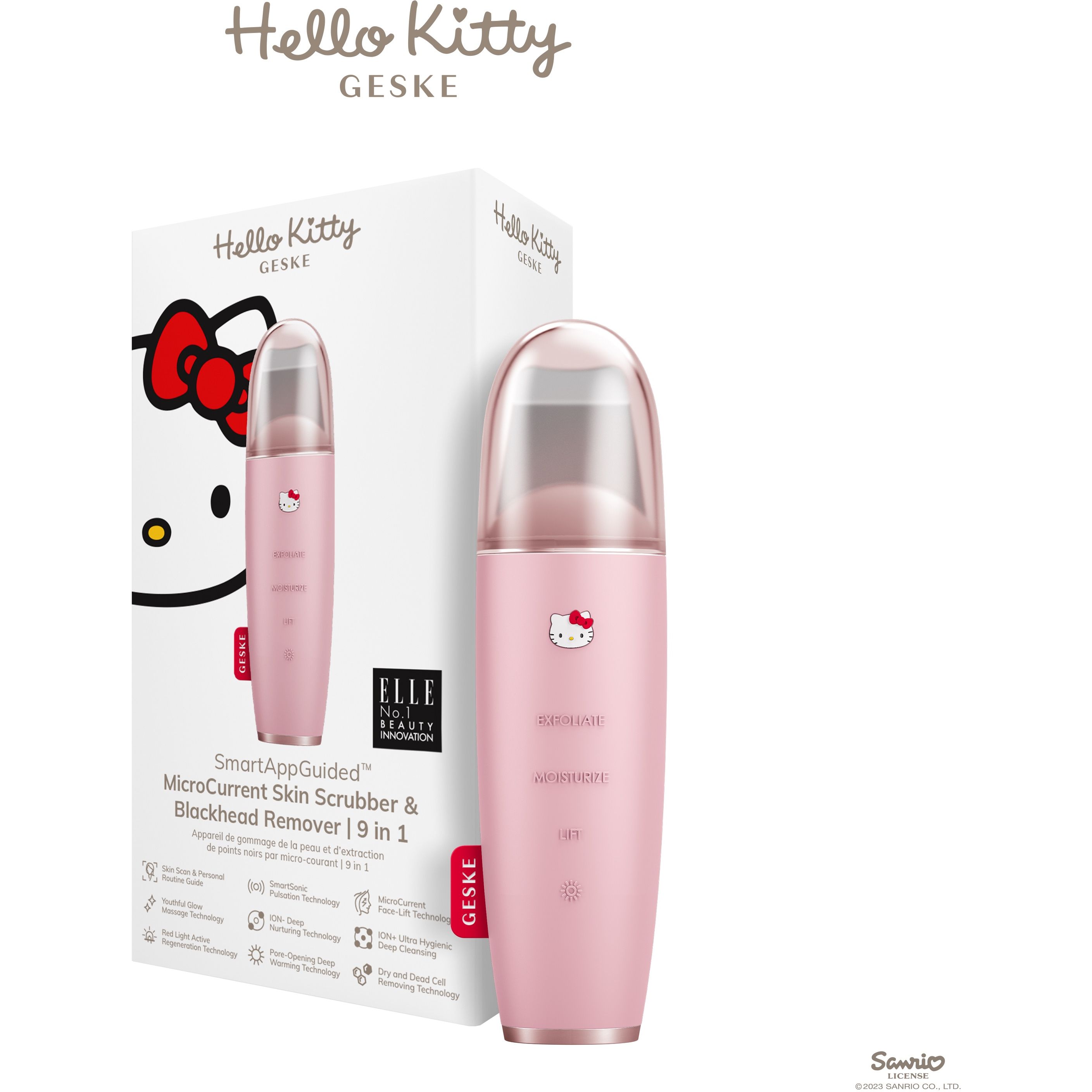 Микротоковый скрабер для кожи и устранения черных точек GESKE MicroCurrent Skin Scrubber & Blackhead Remover 9 в 1 Hello Kitty розовый - фото 1