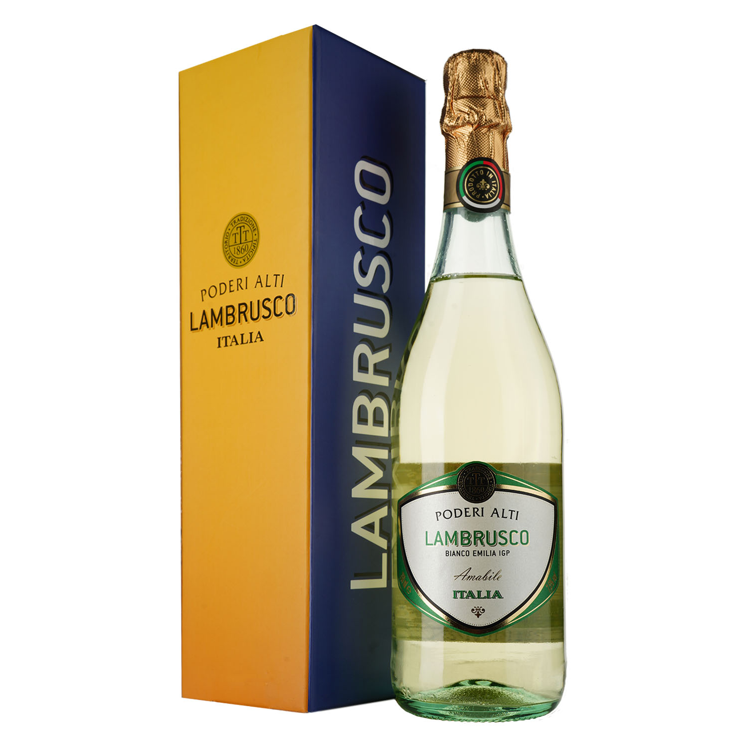 Вино игристое Poderi Alti Lambrusco Amabile Bianco Emilia IGP, белое, полусладкое, в подарочной упаковке, 0,75 л - фото 1