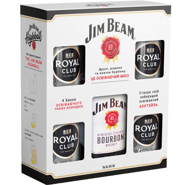 Виски Jim Beam White Kentucky Staright Bourbon Whiskey, 40%, 0,7 л + 4 шт. Royal Club Tonic 0,33 л - фото 1