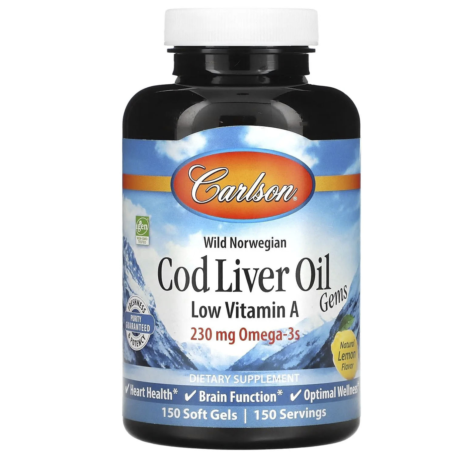 Рыбий жир Carlson Cod Liver Oil 230 мг с низким содержанием витамина А лимон норвежский 150 капсул - фото 1